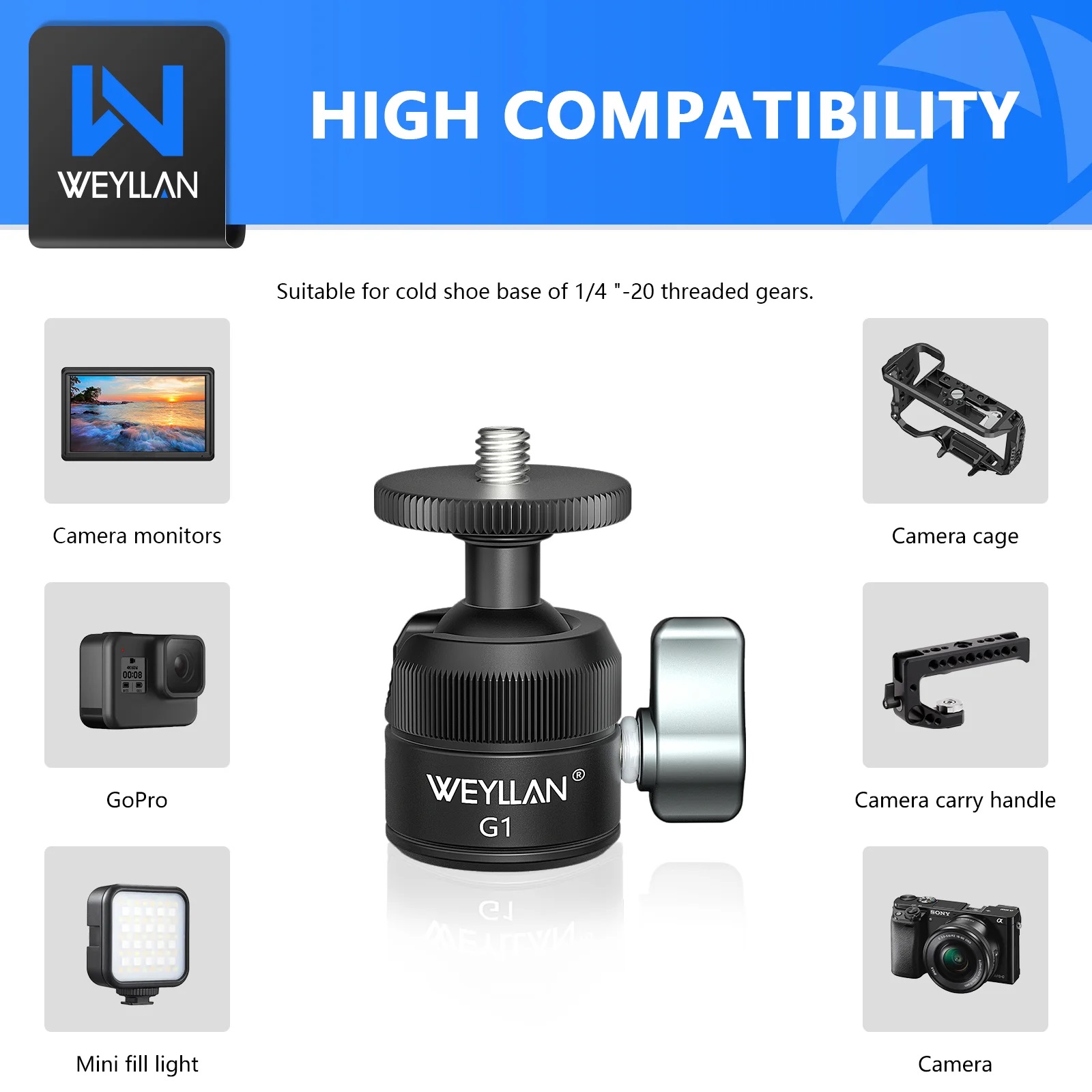 Weyllan G1 Mini tripod Head CNC Metal 18mm Cold Shoe Mount Mini Ball Head