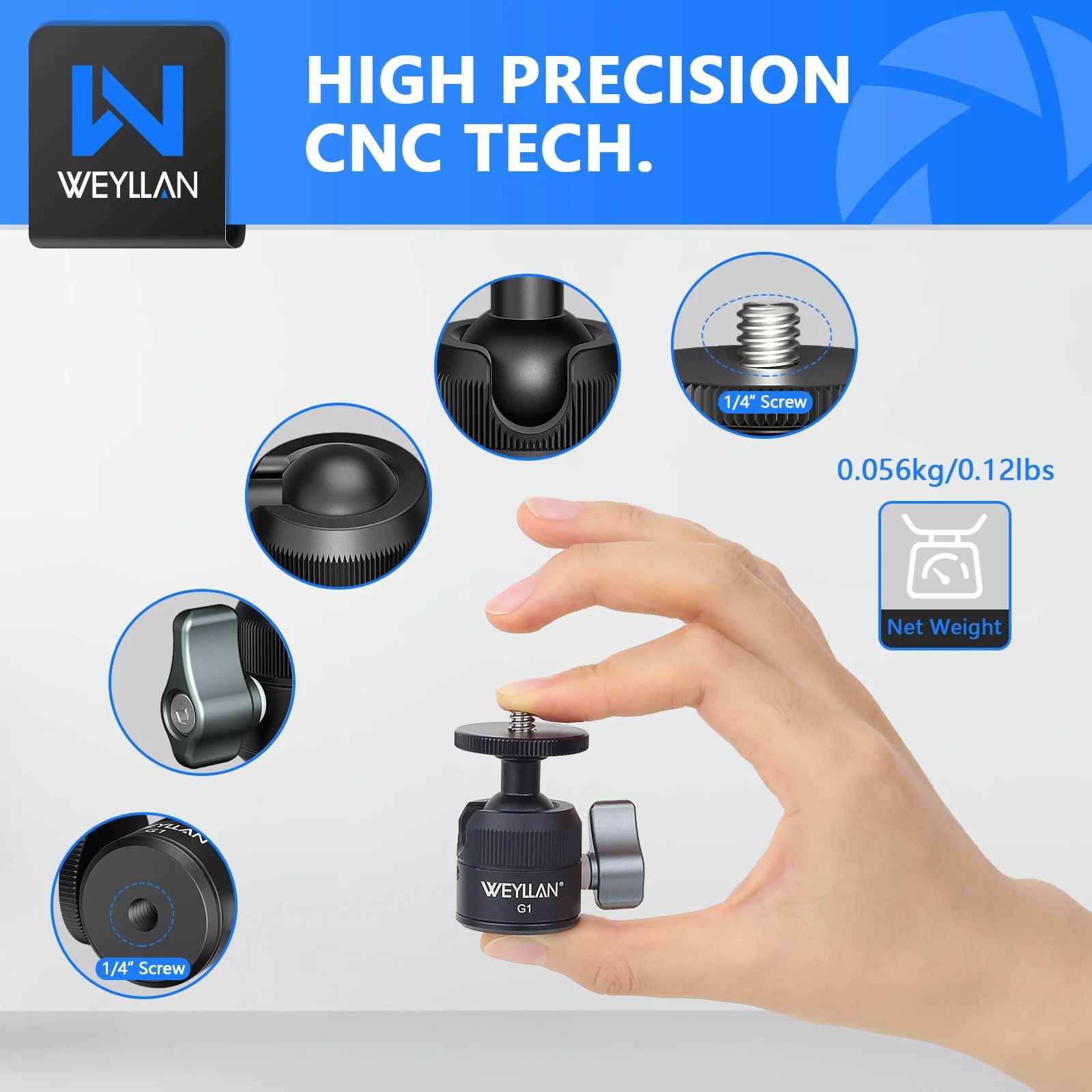 Weyllan G1 Mini tripod Head CNC Metal 18mm Cold Shoe Mount Mini Ball Head