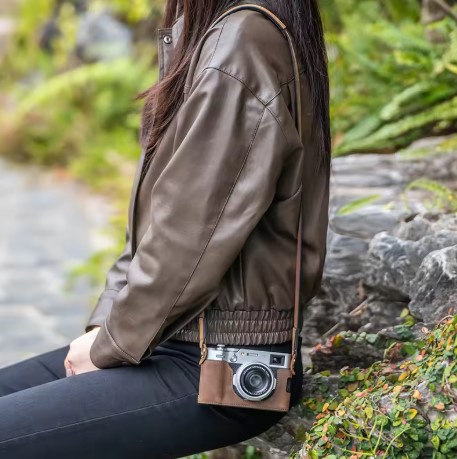 Leather Camera Half Case Compatible with Fujifilm X100VI Digital Camera Brown with Strap
