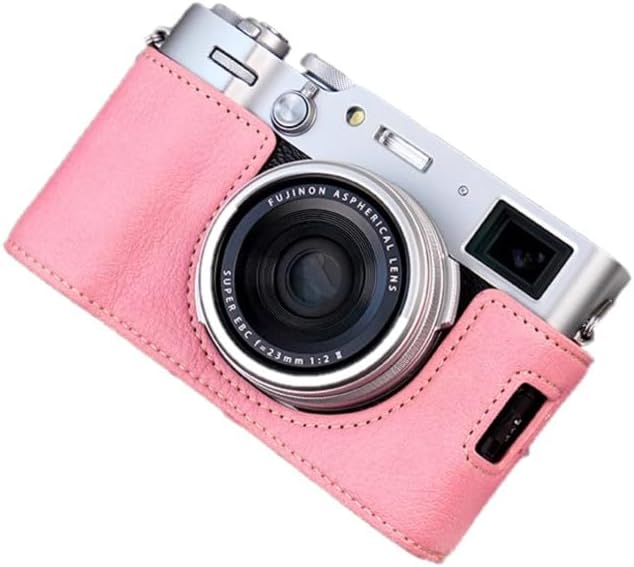 Leather Camera Half Case Compatible with Fujifilm X100VI Digital Camera Pink with Strap