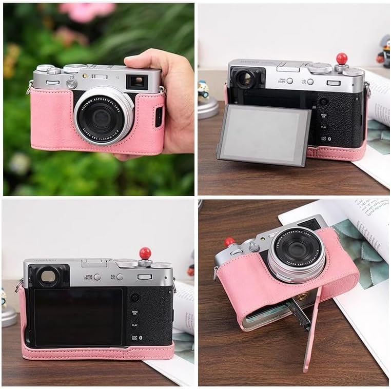 Leather Camera Half Case Compatible with Fujifilm X100VI Digital Camera Pink with Strap