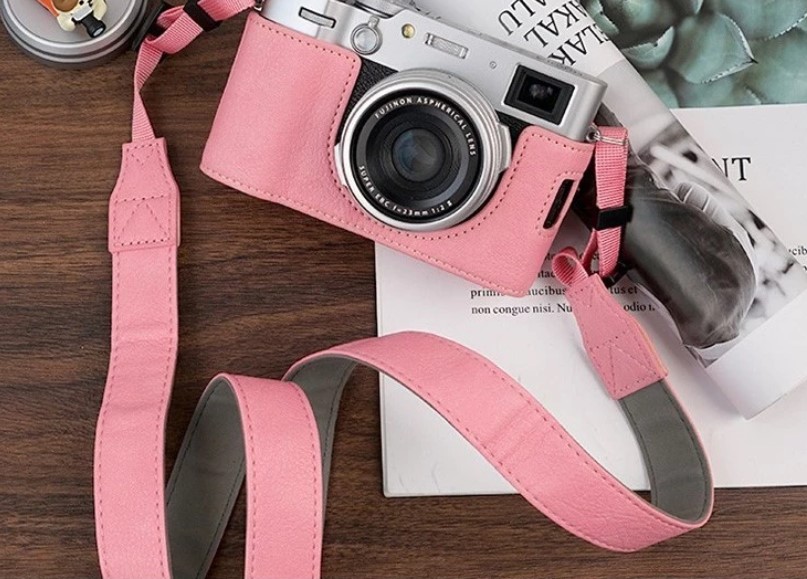 Leather Camera Half Case Compatible with Fujifilm X100VI Digital Camera Pink with Strap