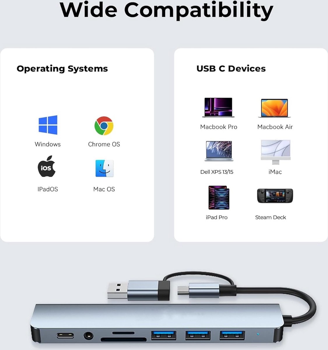 Type-C/USB 8-in-1 Hub USB 2.0*3 USB 3.0 USB-C SD Micro SD Audio