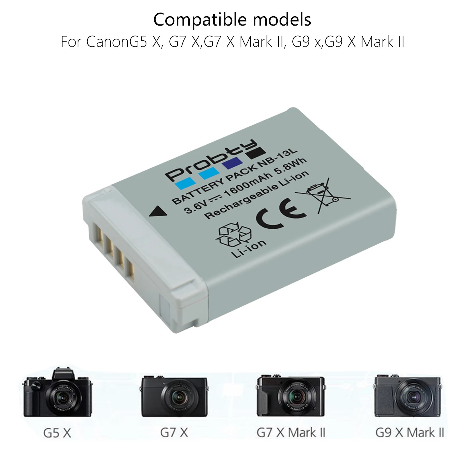 NB-13L for Camera Battery Powershot G1 X Mark II, G5X, G5 X Mark II, G7X, G7X Mark II, G7 X Mark III, G9X, N100, SX620 HS