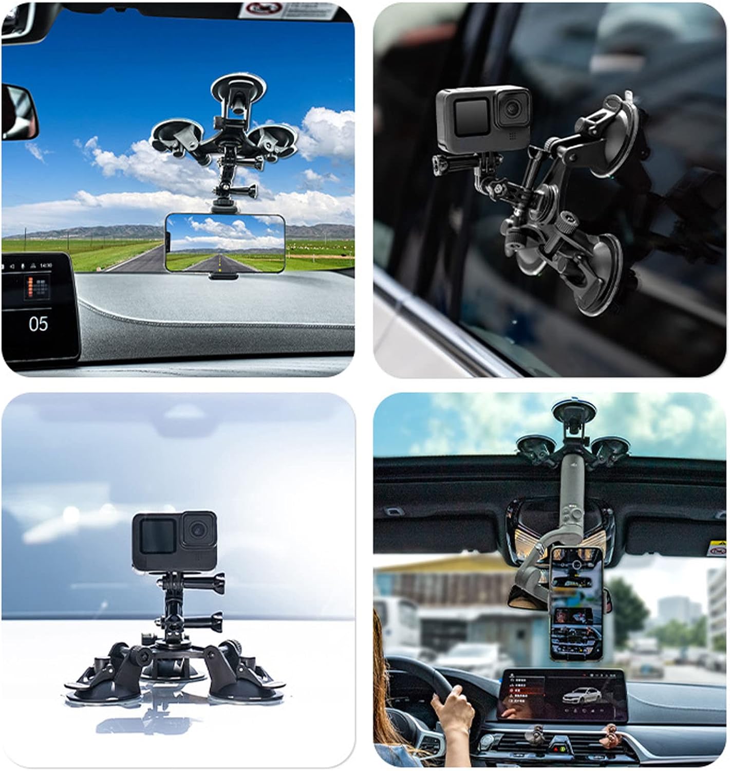 Triple Suction Cup Mount with 1/4 Threaded Head 360 Degree Tripod Ball Head