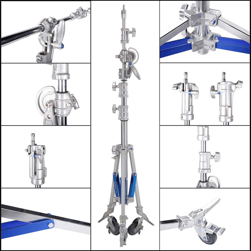 NiceFoto LS-M6 Stainless Steel Heavy Duty Adjustable Light Stand With Wheels and Arms