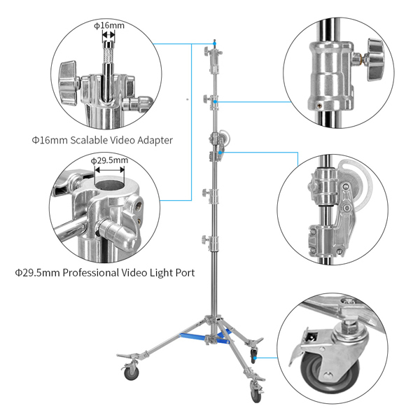 NiceFoto LS-M6 Stainless Steel Heavy Duty Adjustable Light Stand With Wheels and Arms