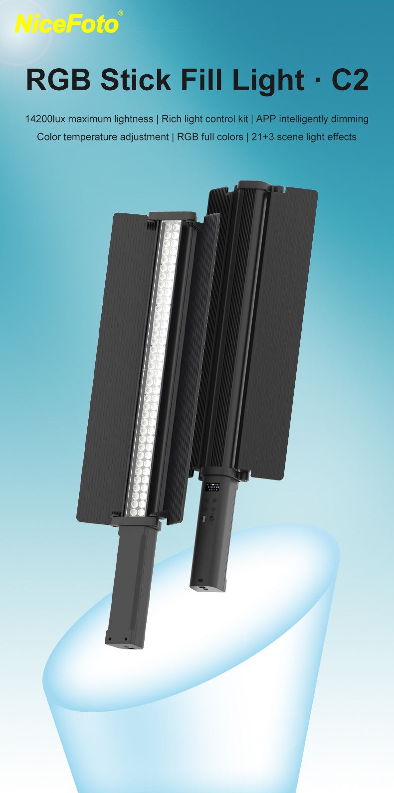 NiceFoto TC-C2 Bi-Color RGB 24W Handheld LED Light Wand with Barndoor