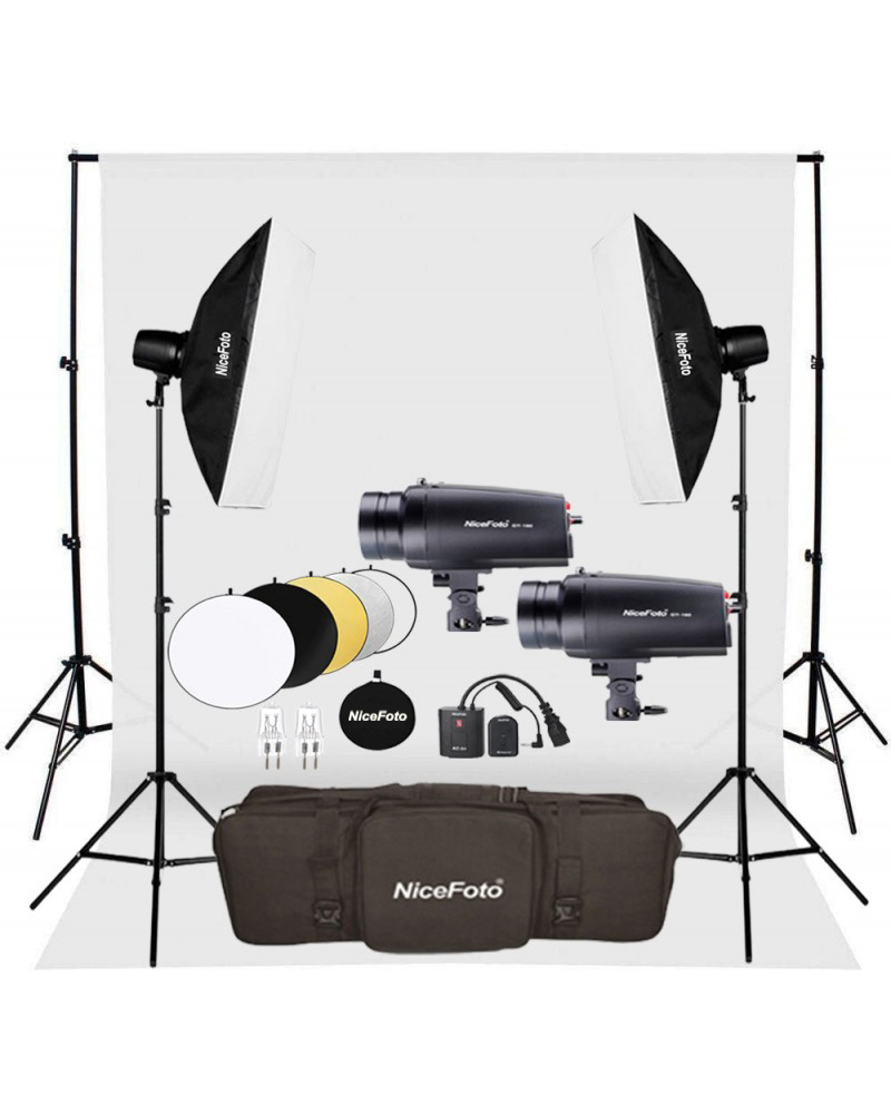 NiceFoto GY-180 2-Mini Studio Flash With White Background And Backdrop Stand