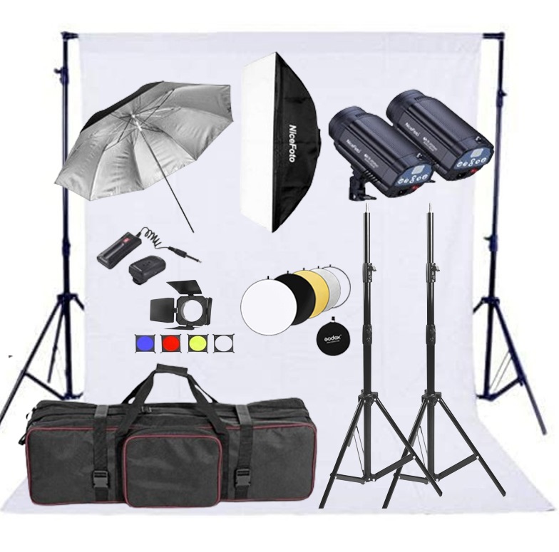 NiceFoto TB300-300W 2-Mini Studio Flash With White Background And Backdrop Stand