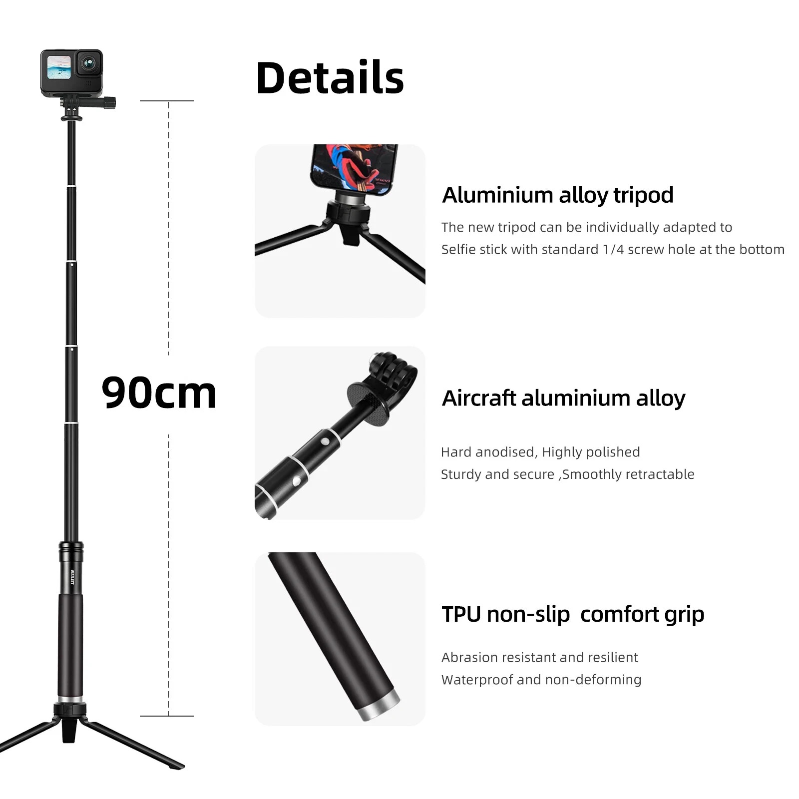 TELESIN 0.9m Extendable Aluminum Alloy Selfie Stick with Tripod and Phone Clip for GoPro