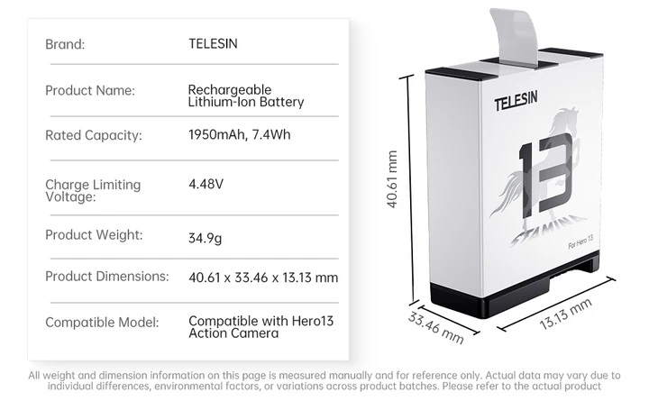 TELESIN 1950mAh Stamina Battery for GoPro Hero 13
