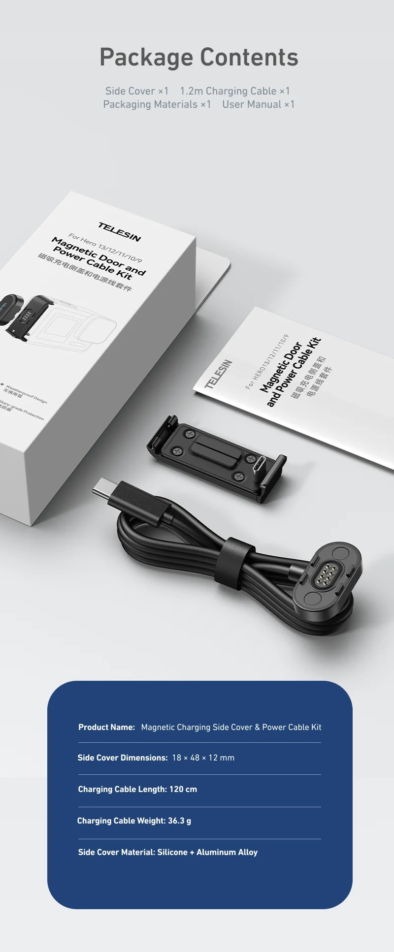 TELESIN Magnetic Door And Power Cable Kit for Hero 13/12/11/10/9