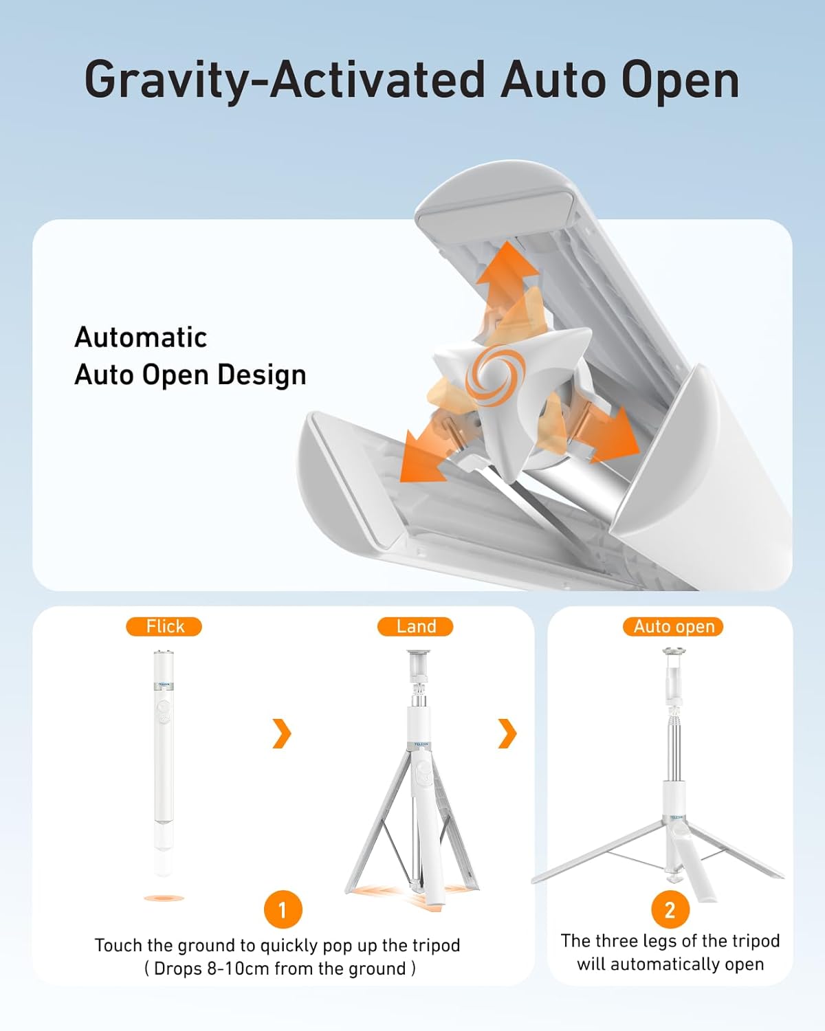 TELESIN 70" Phone Tripod Stand Gravity-Activated Auto-Open Selfie Stick