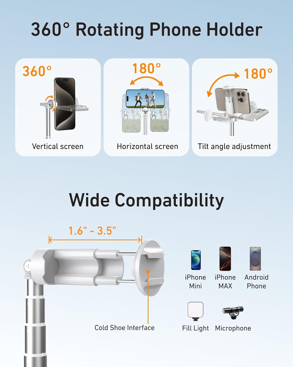 TELESIN 70" Phone Tripod Stand Gravity-Activated Auto-Open Selfie Stick