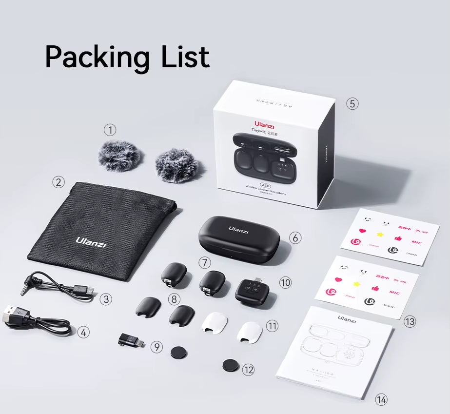 Ulanzi A30 Wireless Lavalier Tiny Microphone System with Type C & Lightning Connector