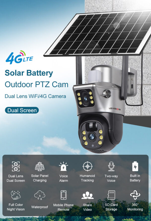 SOLAR CAMERA V380 LS-CS3-4G-EU 2K 4G Dual Lens PTZ 8W Solar Camera Outdoor