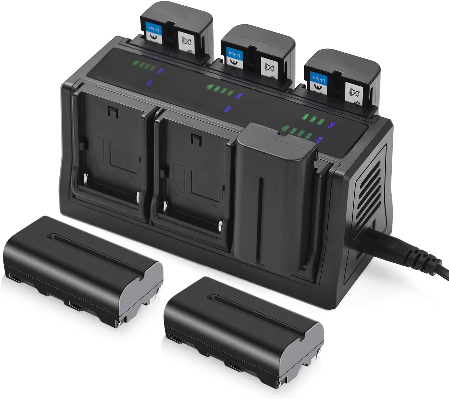 LED Display Charging Base 6-Slot Charger for NP-F970 NP-F750 NP-F550 NP-FZ100 LP-E6 EN-EL15 FNP-W235 Changeable Plate