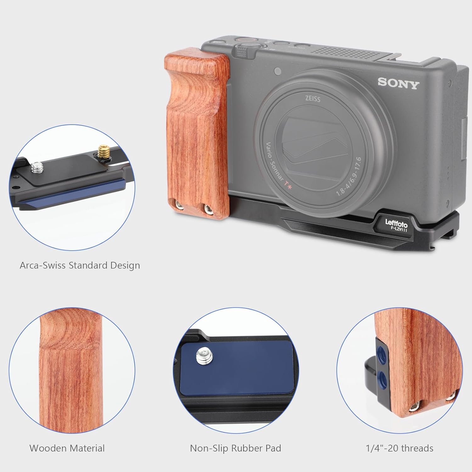 LEFTFOTO ZV-1 II Handgrip L Bracket Wooden Side Handle for Sony ZV-1 II/ZV-1/ZV1F/ZV-1M2/ZV-1 Mark II