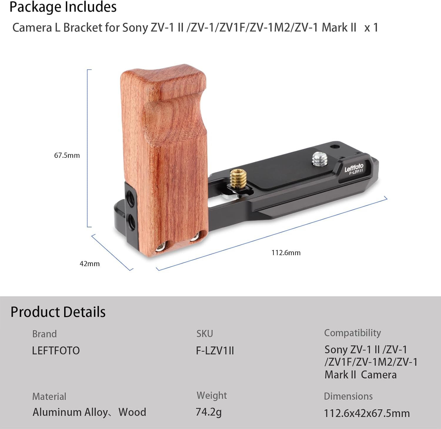 LEFTFOTO ZV-1 II Handgrip L Bracket Wooden Side Handle for Sony ZV-1 II/ZV-1/ZV1F/ZV-1M2/ZV-1 Mark II