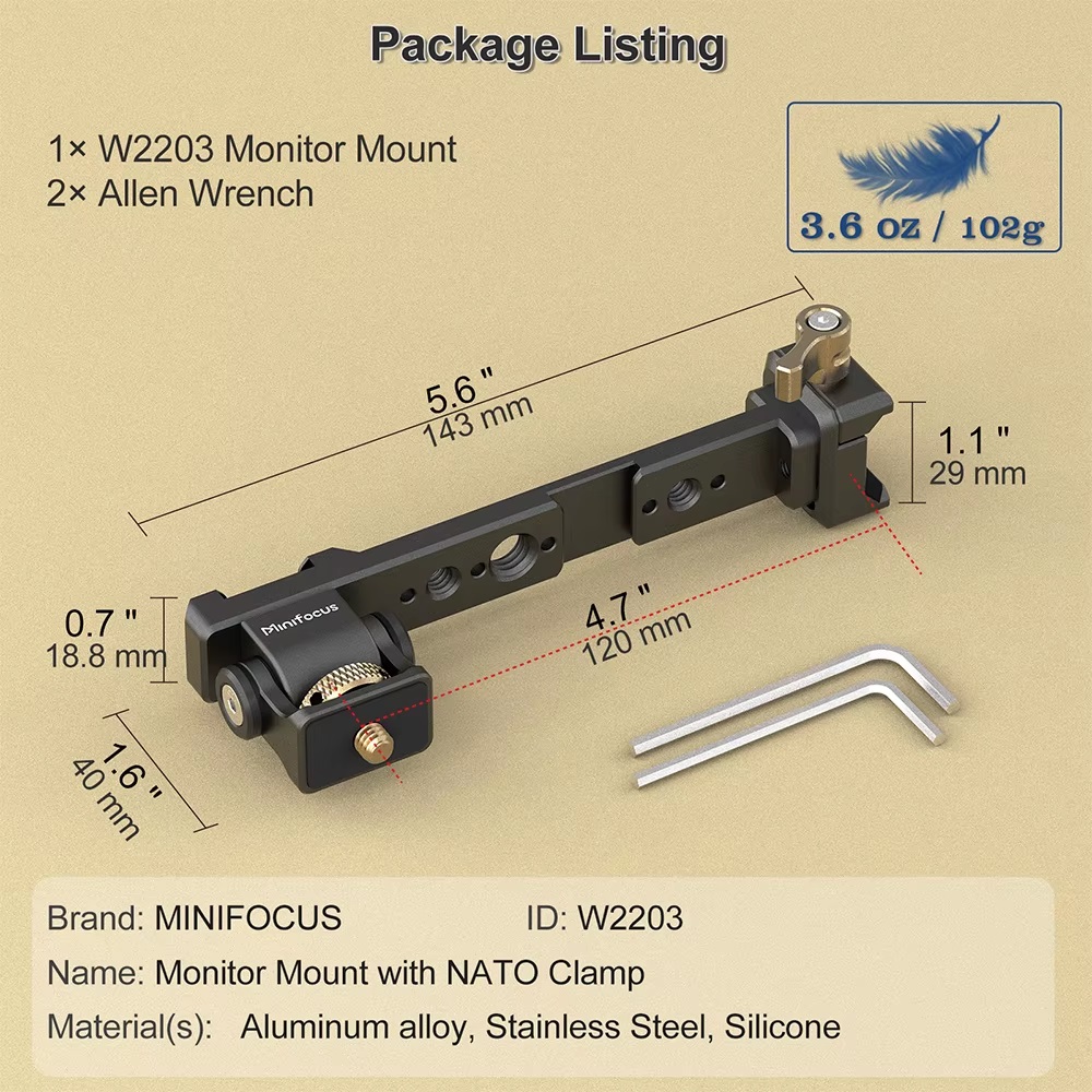 Minifocus Monitor Mounting Support with NATO Clamp for DJI RS 2 RSC 2 RS 3 RS 3 Pro RS 3 Mini RS 4 or RS 4 Pro Gimbal