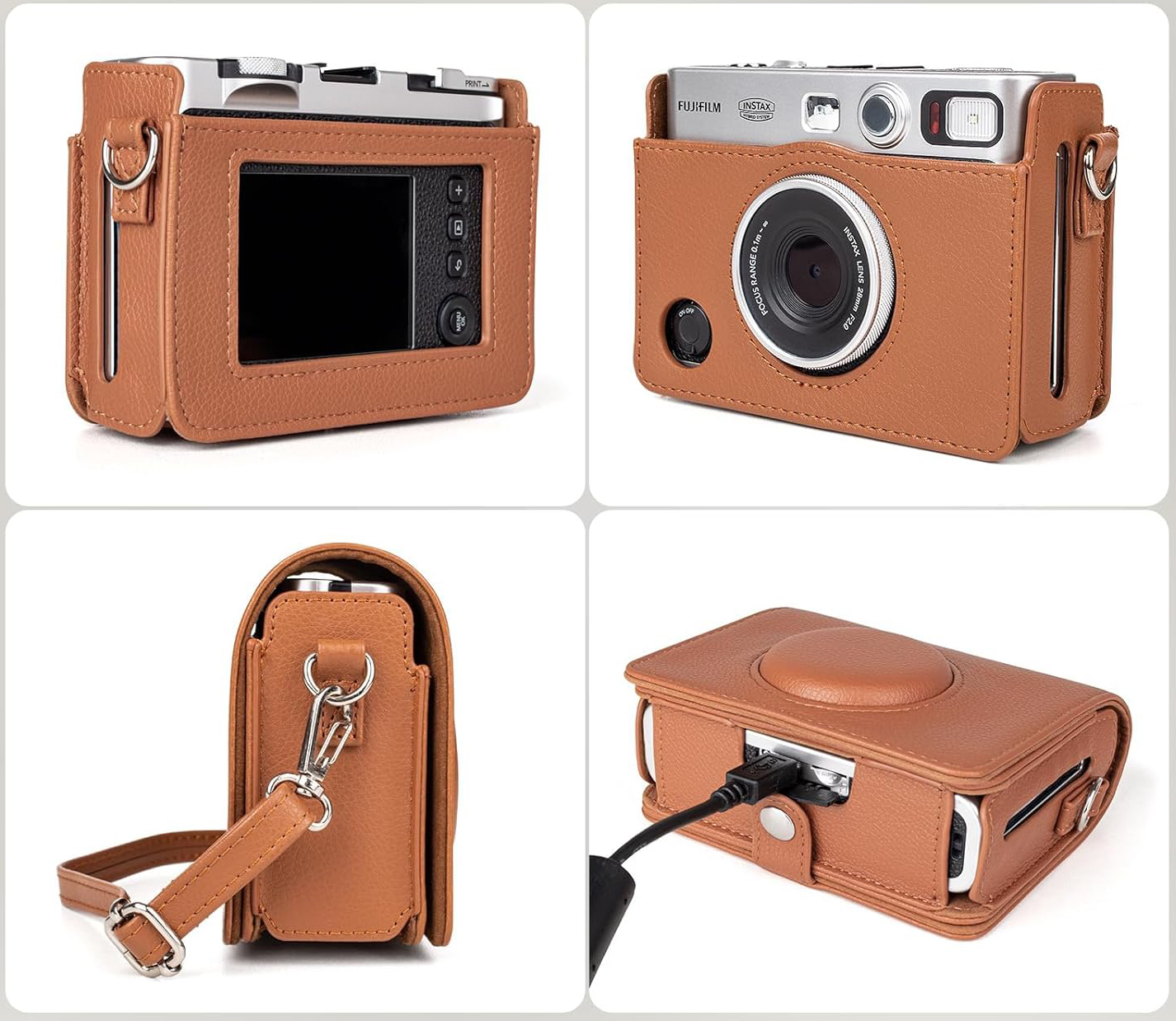Leather Camera Case for FUJIFILM Instax Mini Evo With Shoulder Strap (Brown)