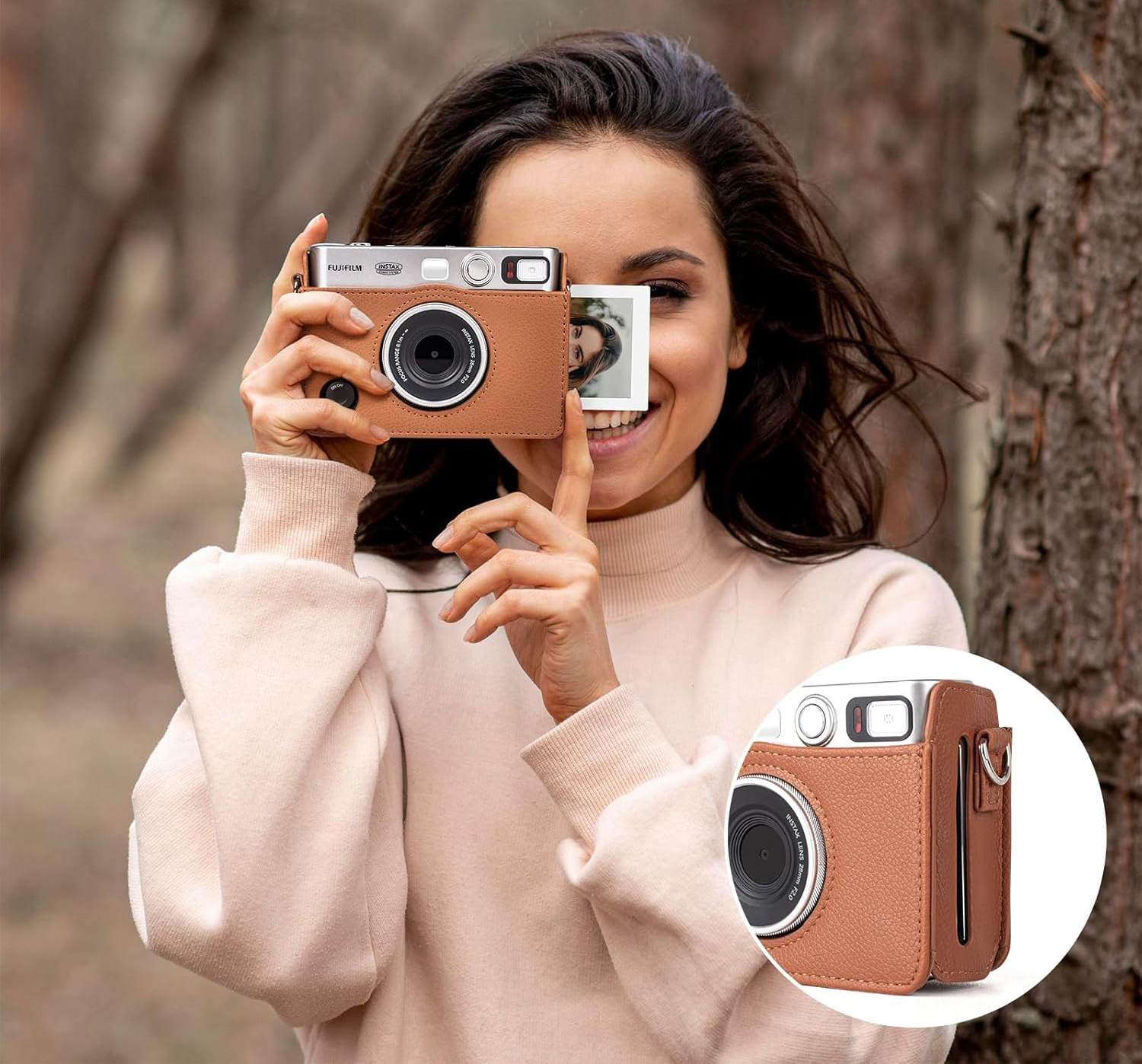 Leather Camera Case for FUJIFILM Instax Mini Evo With Shoulder Strap (Brown)