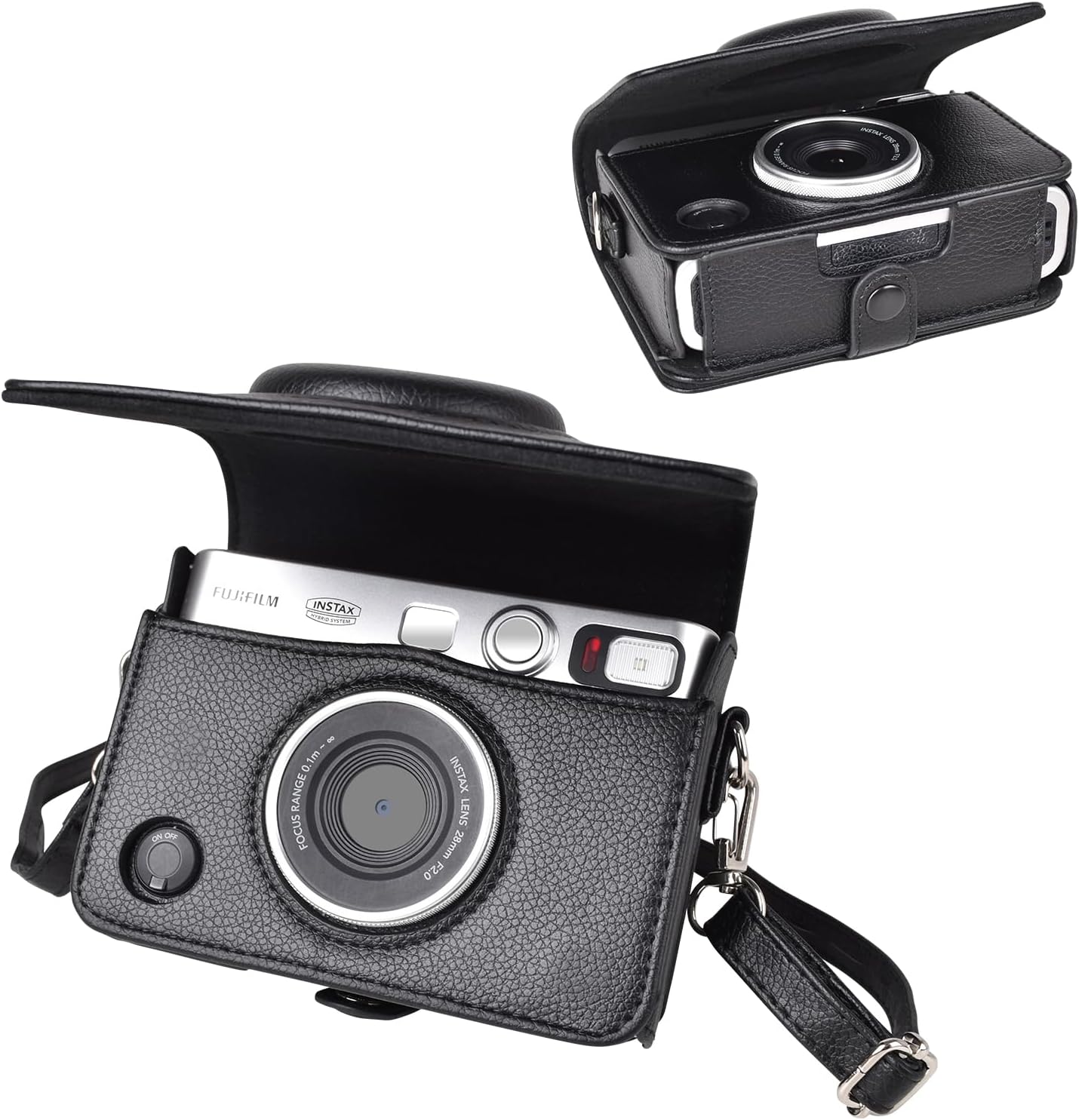 Leather Camera Case for FUJIFILM Instax Mini Evo With Shoulder Strap (Black)