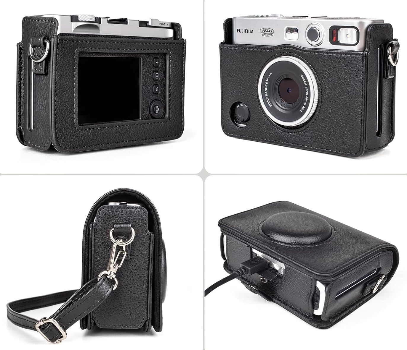 Leather Camera Case for FUJIFILM Instax Mini Evo With Shoulder Strap (Black)