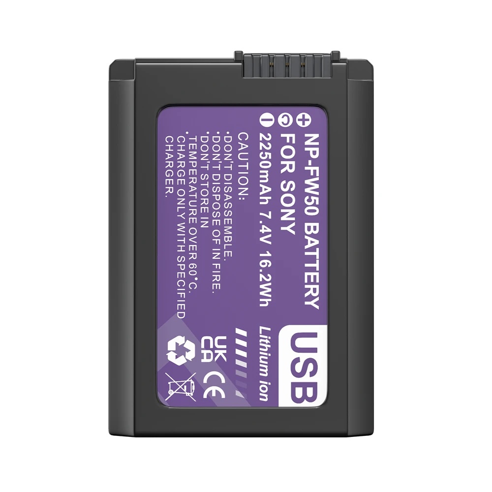 NP-FW50 Battery 2250mAh Type-C Port for Sony ZV-E10 Alpha A6000 A6300 A6400 A6500 A5000 A5100 A7 A7II A7R A7RII A7S A7SII RX10 II III NEX-3 NEX-5