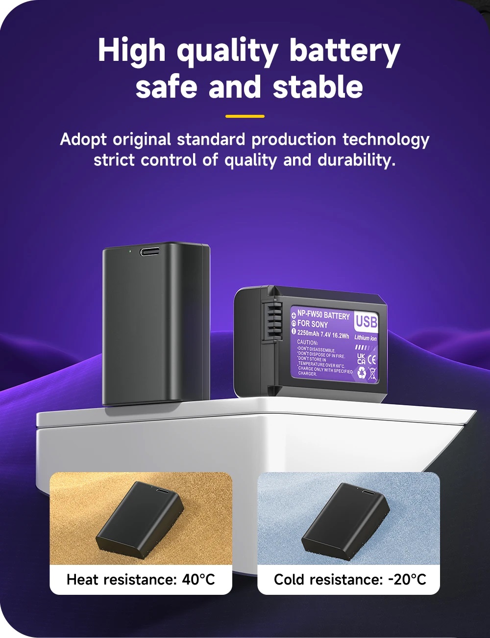 NP-FW50 Battery 2250mAh Type-C Port for Sony ZV-E10 Alpha A6000 A6300 A6400 A6500 A5000 A5100 A7 A7II A7R A7RII A7S A7SII RX10 II III NEX-3 NEX-5