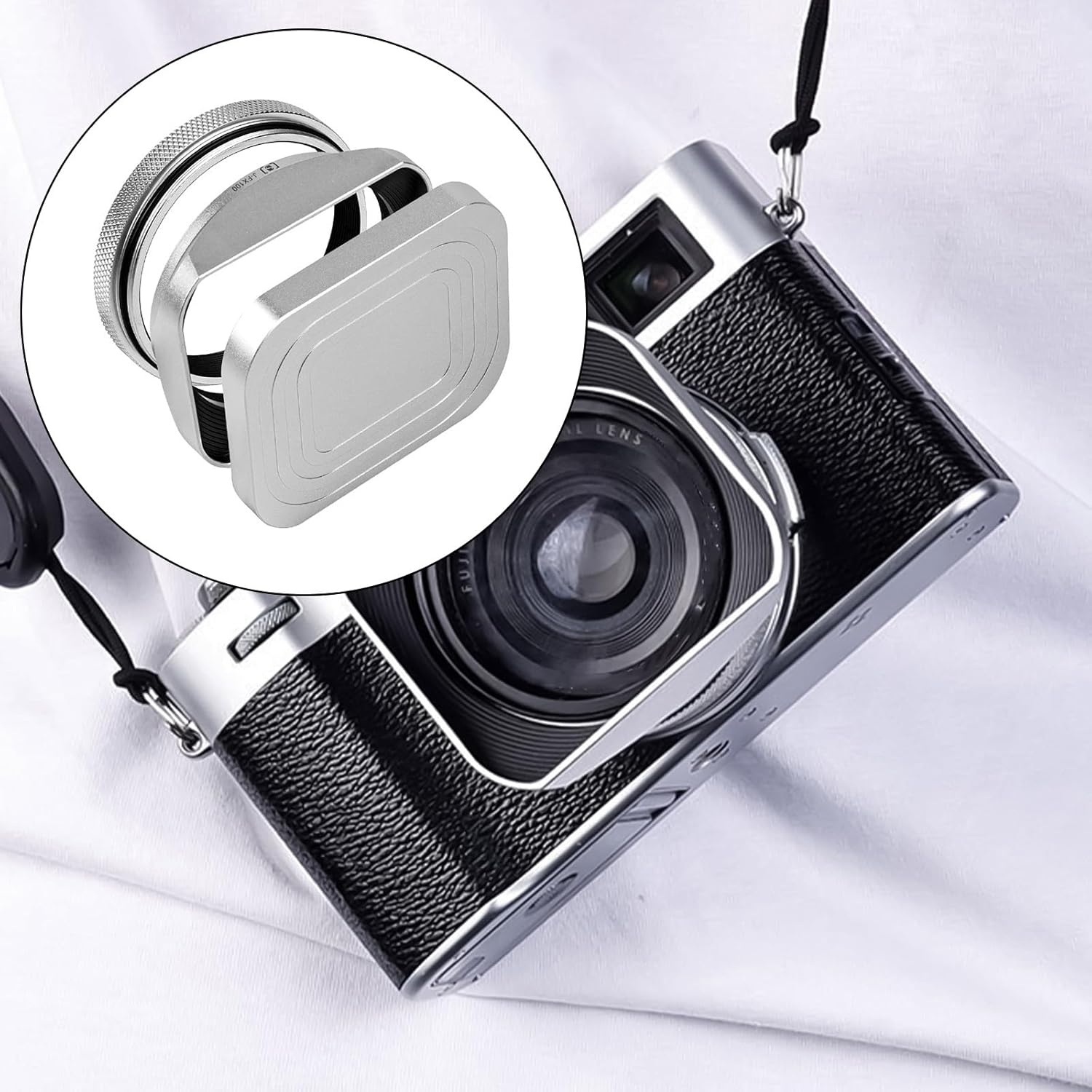 Square Metal Lens Hoods Lens Caps for FUJIFILM X100 Series X100/X100V/X100VI/X100F/X100S/X100T With MC UV Filter 49mm (Silver)