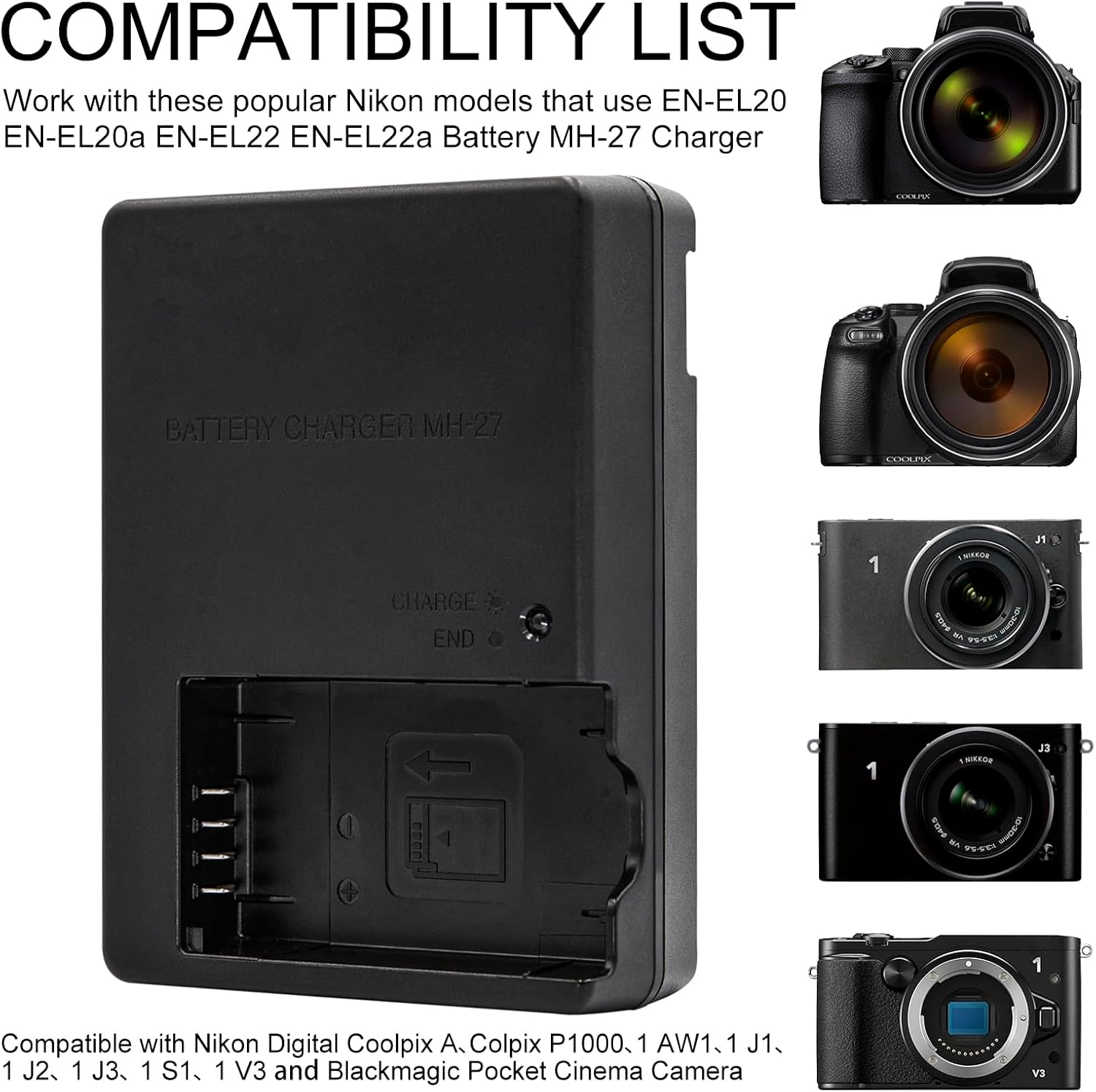 MH-27 battery charger Nikon 1 A1, 1 J2, 1 J3, 1 J4, 1 J5, 1 S1, 1 S2, 1 V3  EN-EL20 EN-EL20a EN-EL22 EN-EL22 EN-EL22a P1000 Coolpix A