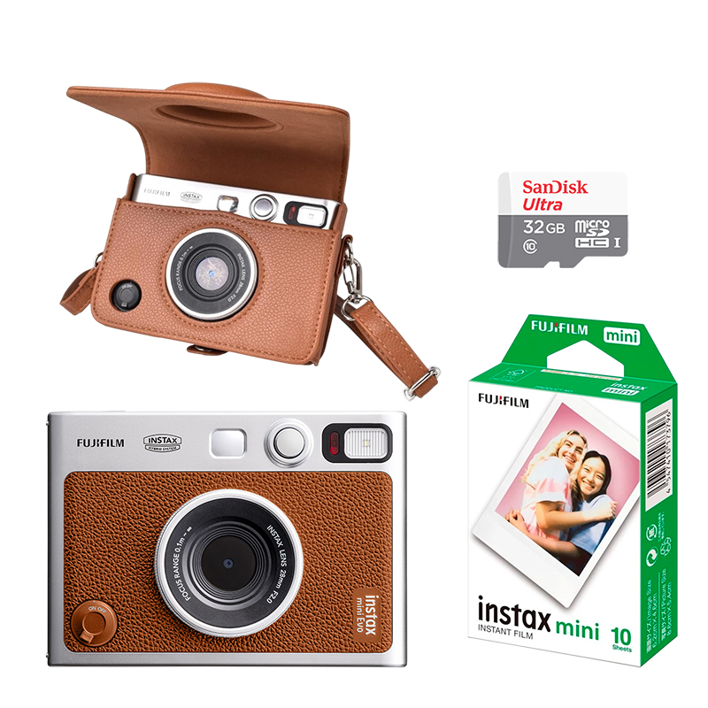 FUJIFILM INSTAX MINI EVO Hybrid Instant Camera Brown with 32GB Memory Card/Leather Case/Instant Film-10 Sheets