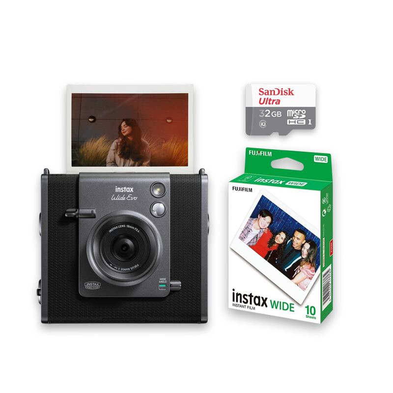 FUJIFILM INSTAX WIDE EVO Hybrid Instant Film Camera Black with 32GB Memory Card&Instant Film-10 Sheets