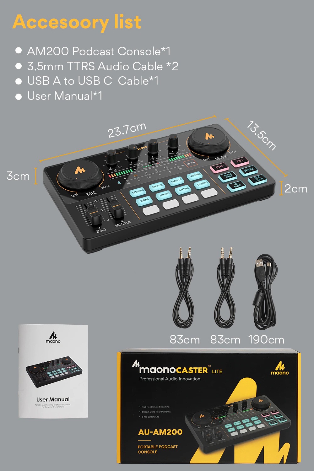 MAONO CASTER LITE AU-AM200 Microphone Mixer Digital Audio Interface Podcast Sound Card Rechargeable Podcaster for Phone Computer PC