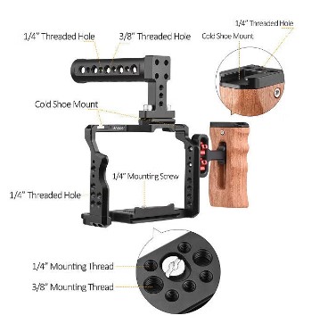 Camera Video Cage Top Handle Side Wooden Grip Dual Cold Shoe Mount 1/4"for Sony A7IV/A7III/A7II/A7R III/A7R II/A7S II
