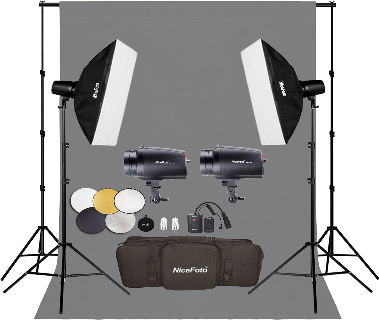 NiceFoto GY-180 2-Mini Studio Flash With Grey Background And Backdrop Stand