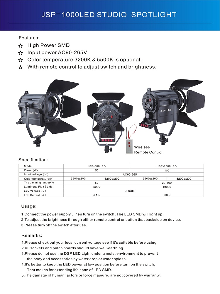 QIHE JSP-1000LED,100W LED Fresnel Light,Spotlight