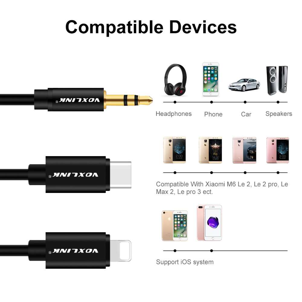 VOXLINK Aux Cable 2 in 1 8 Pin + USB Type C to 3.5mm Car Aux Audio Cable