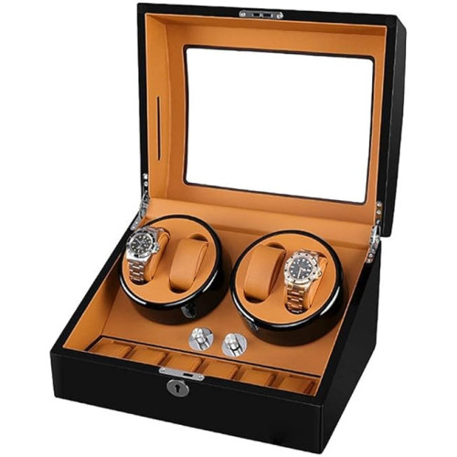 صندوق خشبي اوتوماتيكي للساعات لـ 4 ساعات معصم + 6 حافظات تخزين، مع محرك هادئ و5 اوضاع دوران، هدية للعطلات
