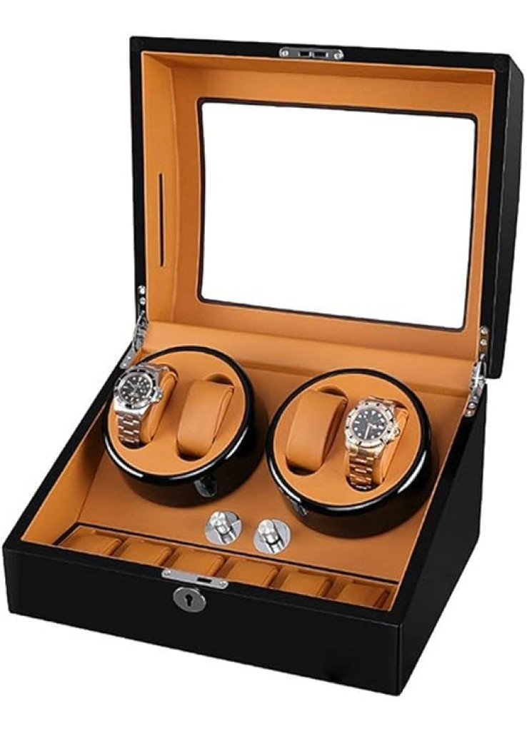 صندوق خشبي اوتوماتيكي للساعات لـ 4 ساعات معصم + 6 حافظات تخزين، مع محرك هادئ و5 اوضاع دوران، هدية للعطلات