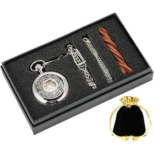 طقم ساعة جيب وقلادة بتصميم زهرة مجوفة فضية ملتفة باليد وهيكل شبكي معدني فضي + شنطة صندوق، مجموعة ساعات فضية