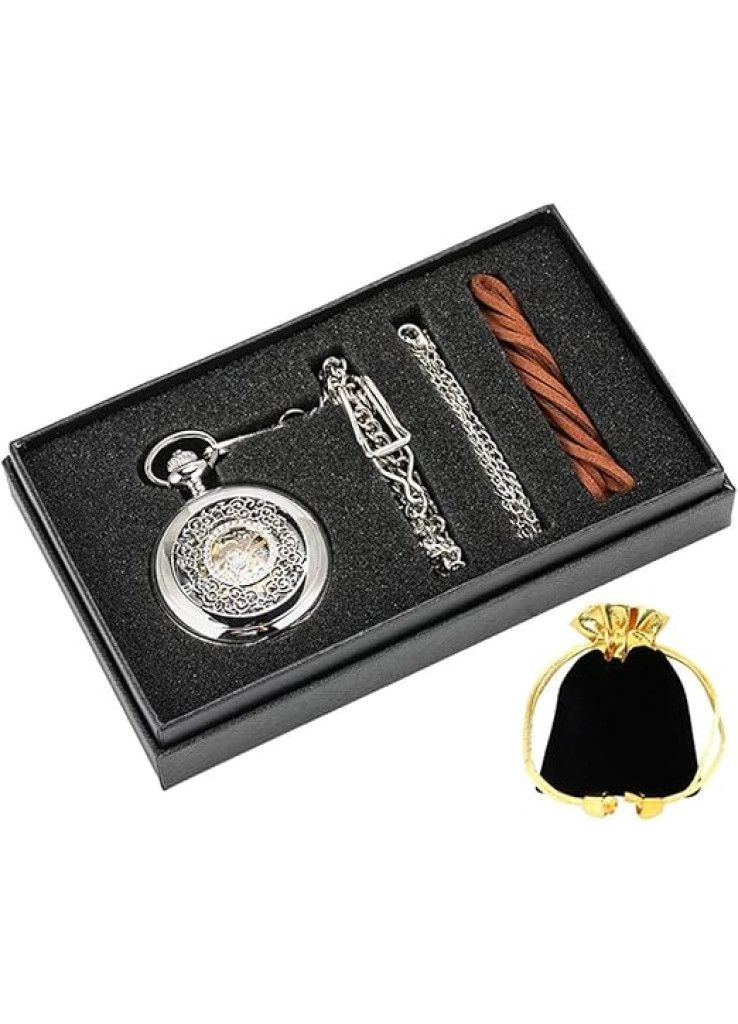 طقم ساعة جيب وقلادة بتصميم زهرة مجوفة فضية ملتفة باليد وهيكل شبكي معدني فضي + شنطة صندوق، مجموعة ساعات فضية