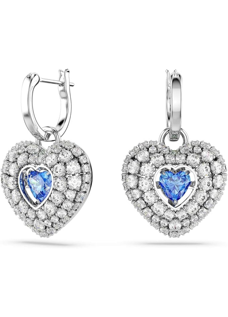 أقراط هايبربولا متدلية من سواروفسكي، تصميم قلب، لون أزرق، مطلية بالروديوم