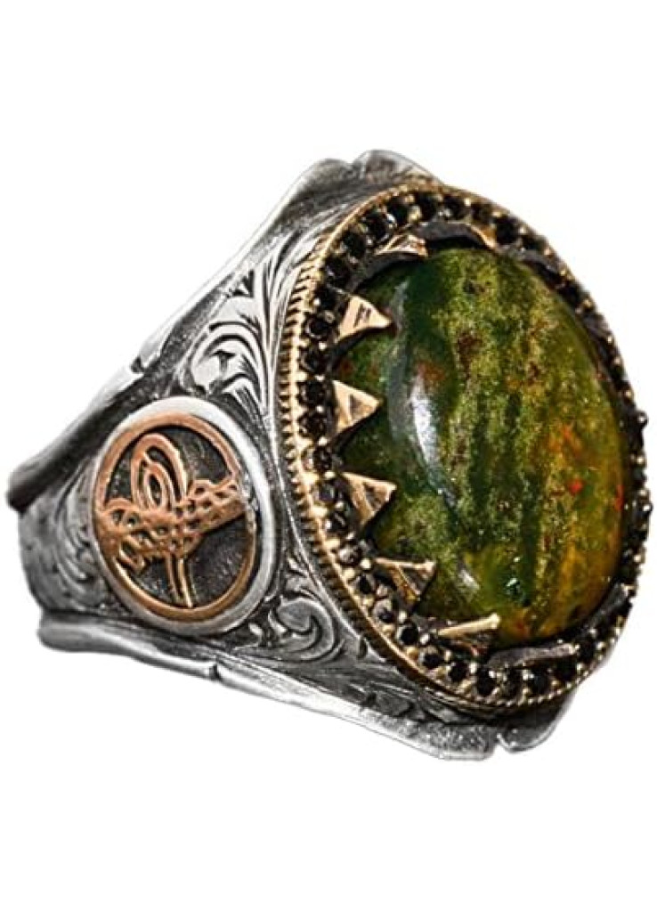 خاتم للرجال من فالكون جوليري من حجر الدم الطبيعي - مصنوع من الفضة الاسترلينية عيار 925 بتصميم الامبراطورية العثمانية توجرا، معدن، حجر الدم