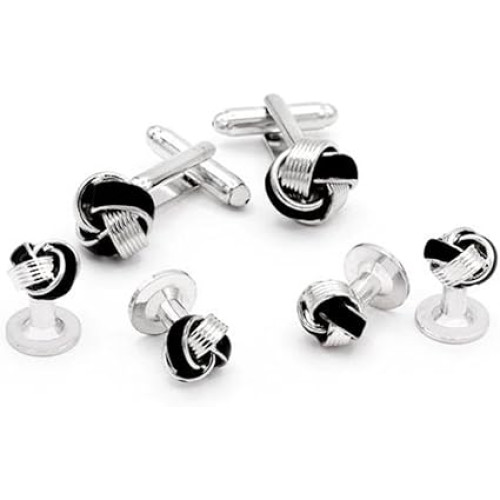 طقم ازرار اكمام وازرار للسهرة الرسمية بتصميم عقدة مطلية بالمينا باللون الفضي والفضي والمينا طقم ازرار اكمام وازرار للسهرة الرسمية بتصميم عقدة مطلية بالمينا باللون الفضي والفضي والمينا