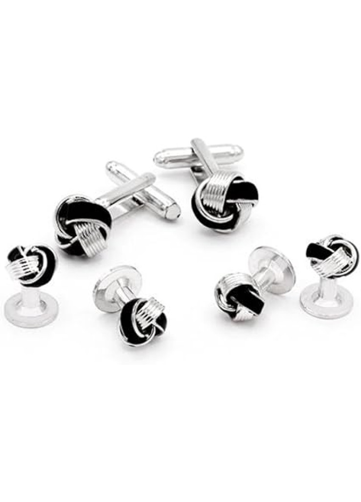 طقم ازرار اكمام وازرار للسهرة الرسمية بتصميم عقدة مطلية بالمينا باللون الفضي والفضي والمينا