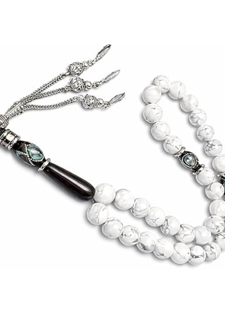 سبحة للتسبيح للرجال والنساء اكسسوارات هدية للرجال والنساء مميزة مسباح عقيق ابيض وعقيق اسود اصلي مسبحة للرجال والنساء من العقيق الاصلي وفواصل من اليسر الاسود الاصلي منقوش بالفضة والصدف البحري 33 اختبار