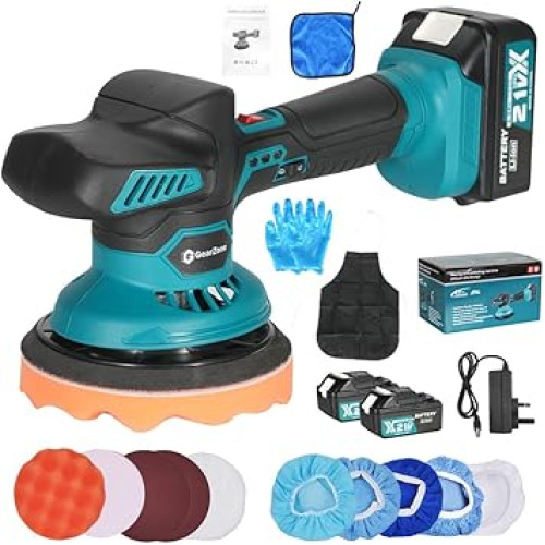 ملمع سيارة لاسلكي من جير زون، طقم تلميع سيارة مع بطاريتين 21 فولت × 4.0 امبير/الساعة، مُلمعات إهليلجية دورانية بـ 8 سرعات قابلة للتعديل حتي 5500 دورة/دقيقة لتفاصيل السيارات وإزالة الخدوش(yy011new-pt)